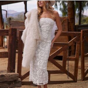 Leilani Strapless White Lace Midi Dress